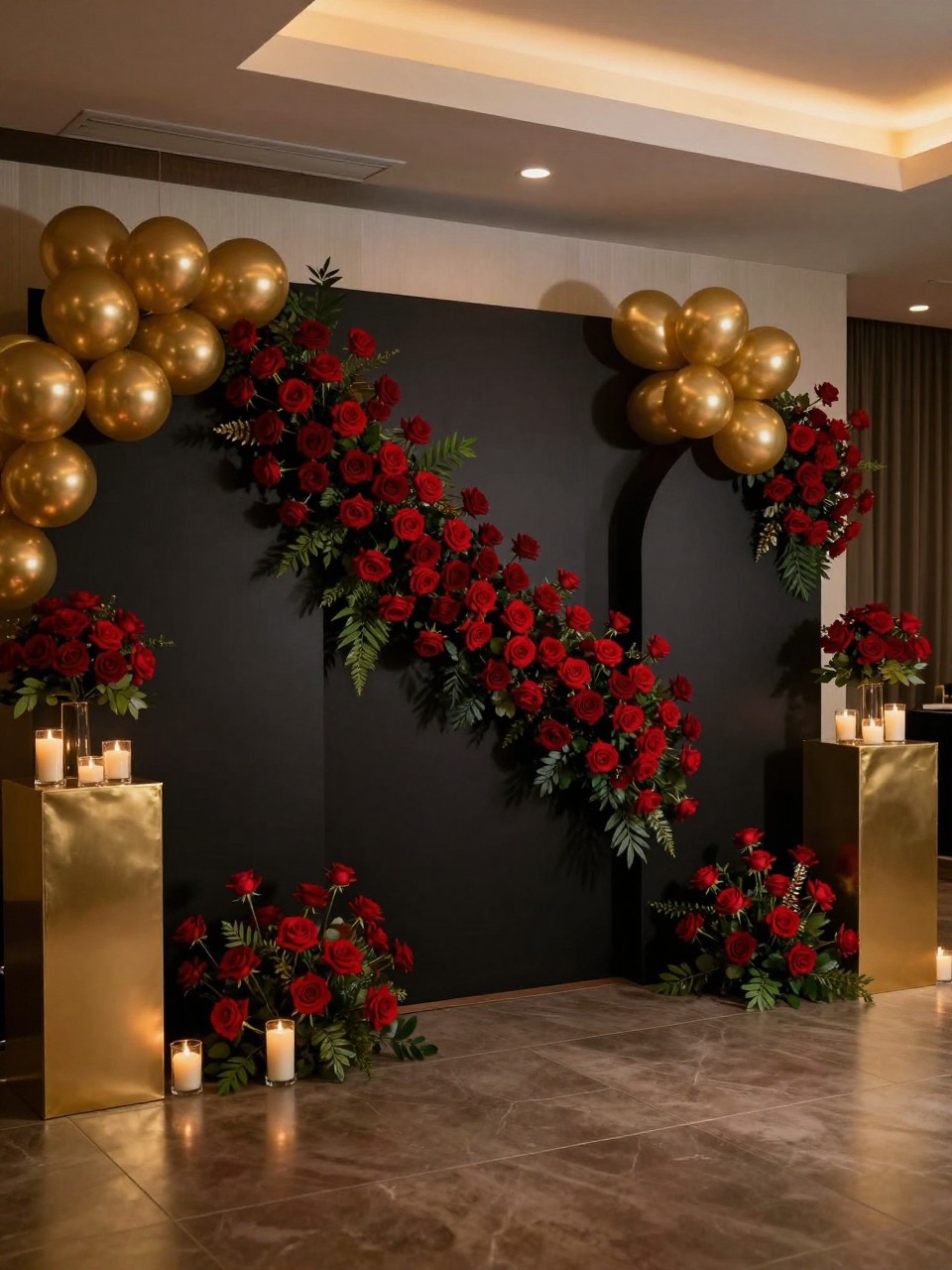 Image Prompt:
A single realistic photo of a dramatic quinceañera backdrop with deep red roses, matte black curved panels, gold balloon accents, candle clusters, dark greenery, gold plinths, polished indoor evening event setting, no people, no faces, warm moody lighting, realistic high-end party photography, no text, no watermark.