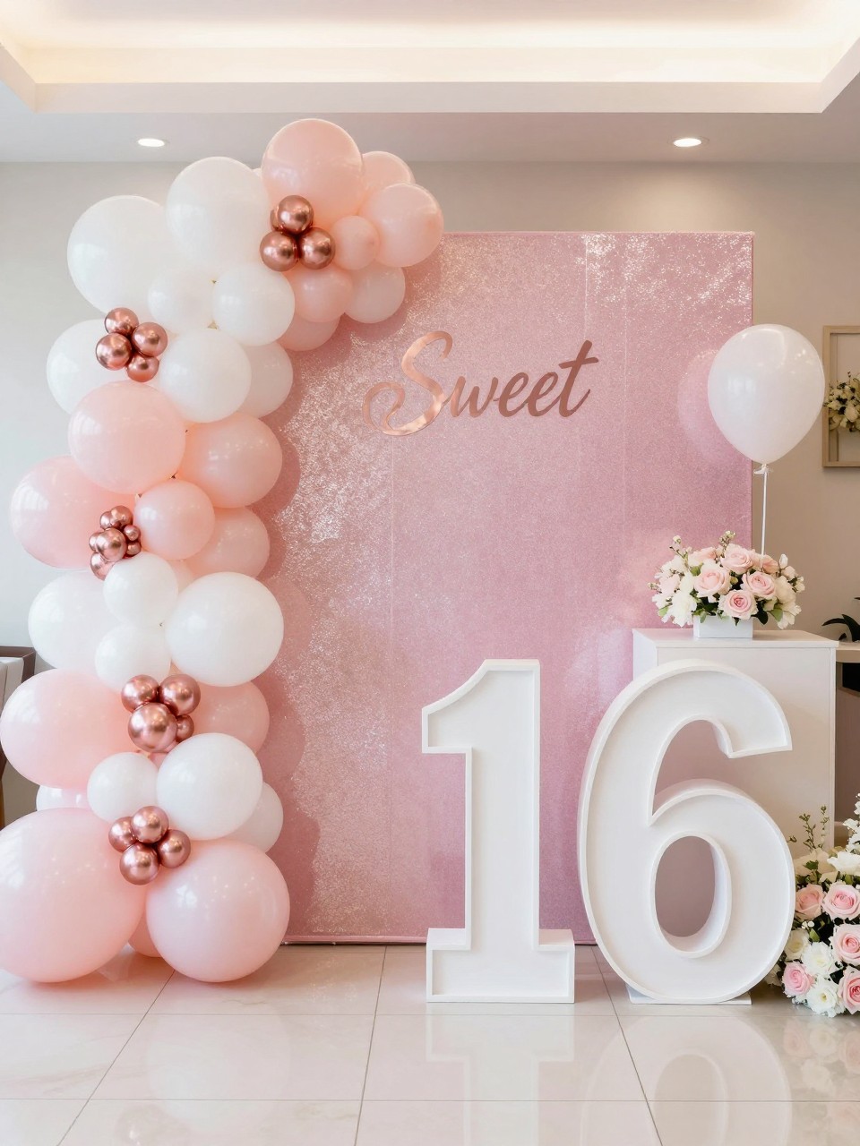 Image Prompt:
A single realistic photo of a glamorous Sweet 16 backdrop with a pink shimmer wall, blush and white balloon clusters, rose gold accents, large number 16 prop, white plinths, soft floral touches, bright indoor party room, no people, no faces, realistic glossy event photography, no text, no watermark.