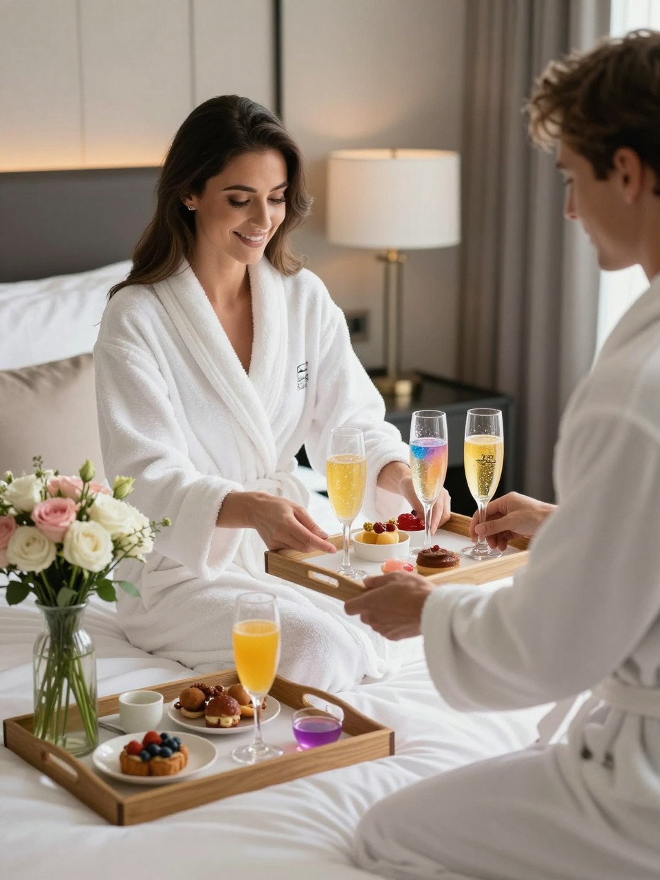A realistic editorial photo of a gender reveal party styled like a luxury hotel suite at home, fluffy robes, breakfast tray, champagne-style glasses with sparkling juice, fresh flowers, white bedding, parents opening a room service tray with reveal color details, soft morning light, elegant lifestyle photography