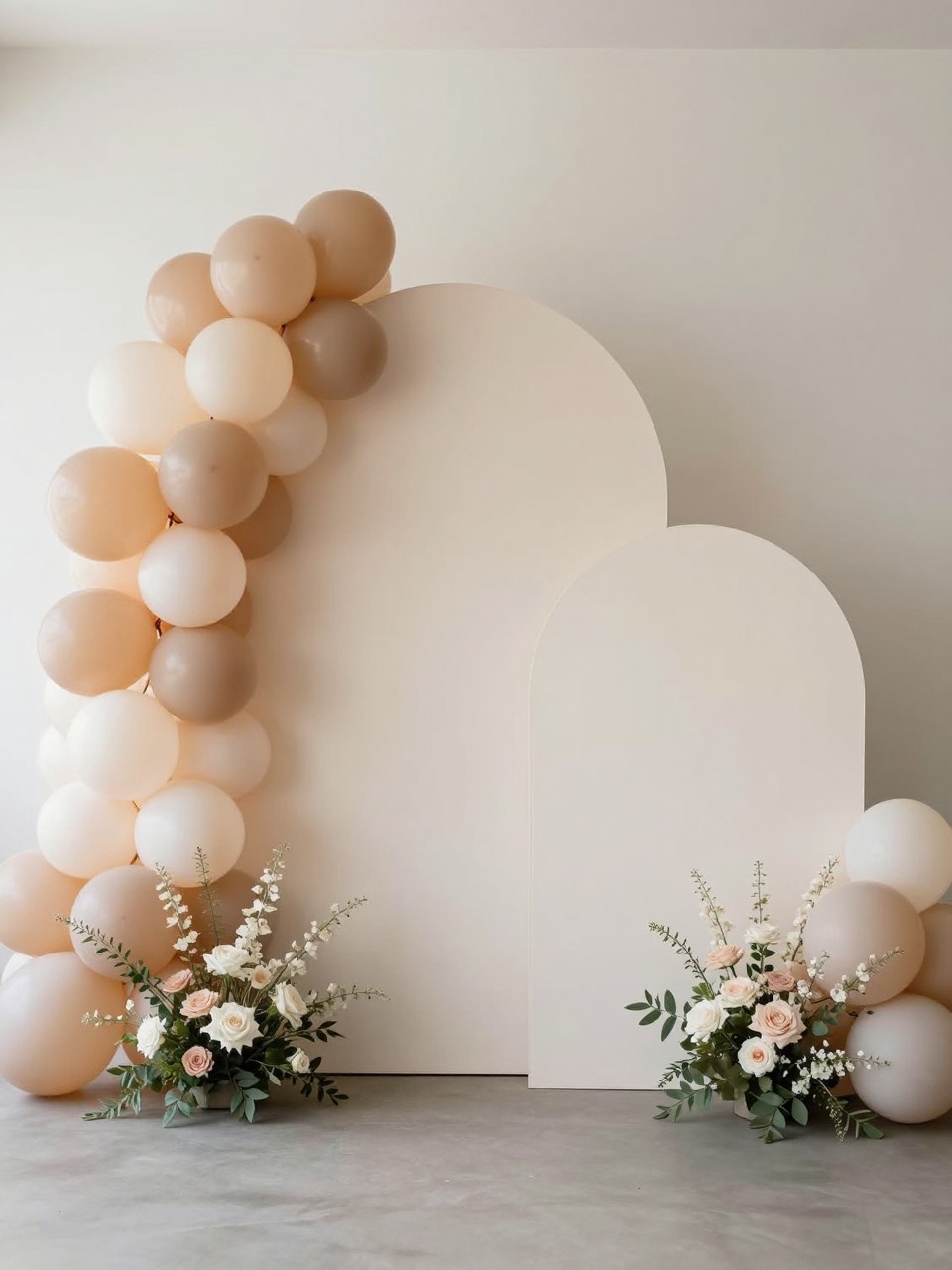 Image Prompt:
A single realistic editorial-style photo of a creative party backdrop with two overlapping circular panels in cream and blush, one slightly taller than the other, soft balloon garland around one side, delicate florals at the base, clean indoor venue, no people, no faces, soft daylight, realistic event photography, no text, no watermark.