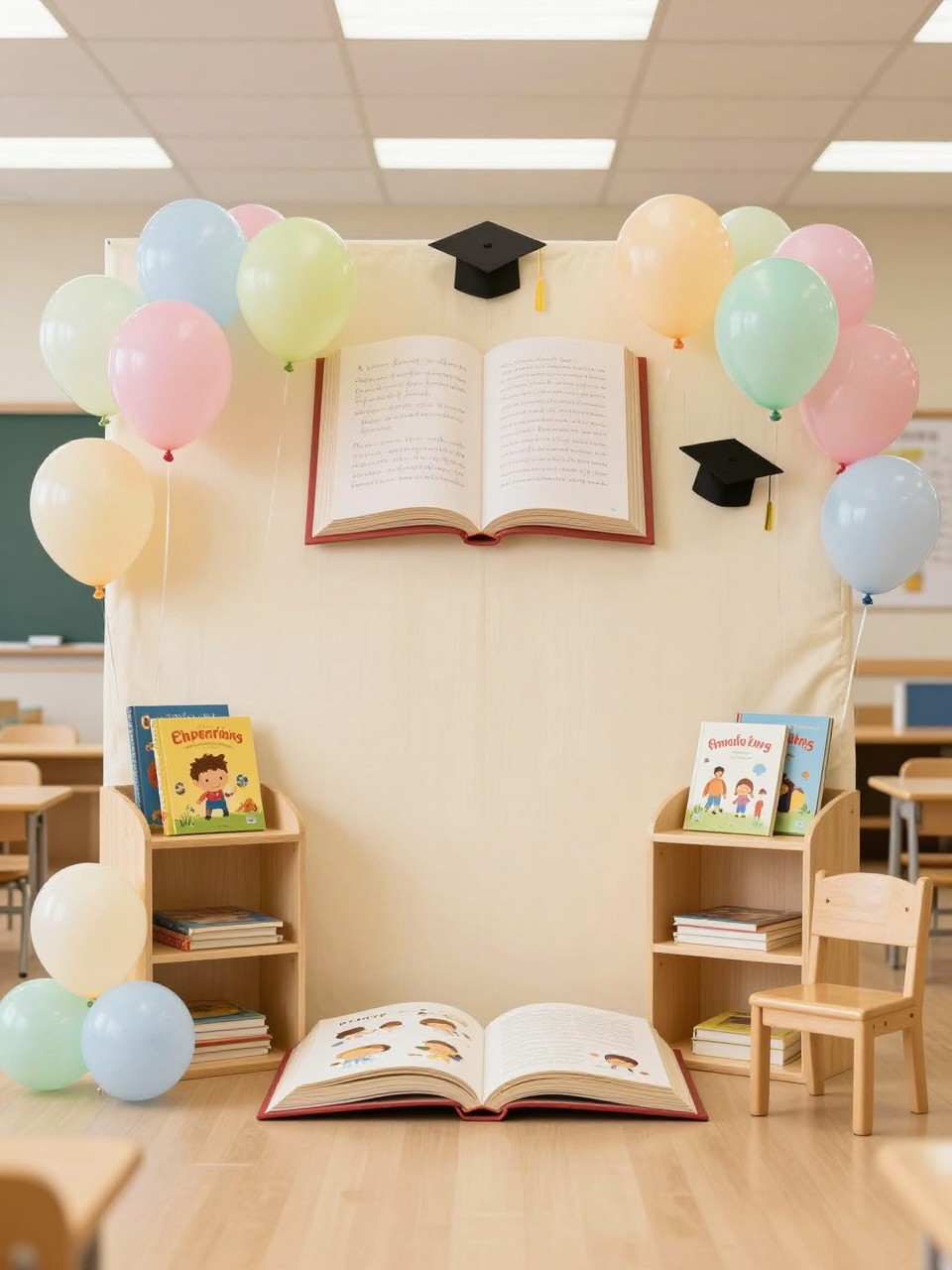 Image Prompt:
A single realistic editorial-style photo of a preschool graduation backdrop styled like a cozy storybook corner, with a cream fabric wall, open book props, small shelves of children’s books, pastel balloon clusters, graduation cap accents, a little wooden chair, warm classroom lighting, no people, no faces, realistic lifestyle school event photography, no readable text, no watermark.