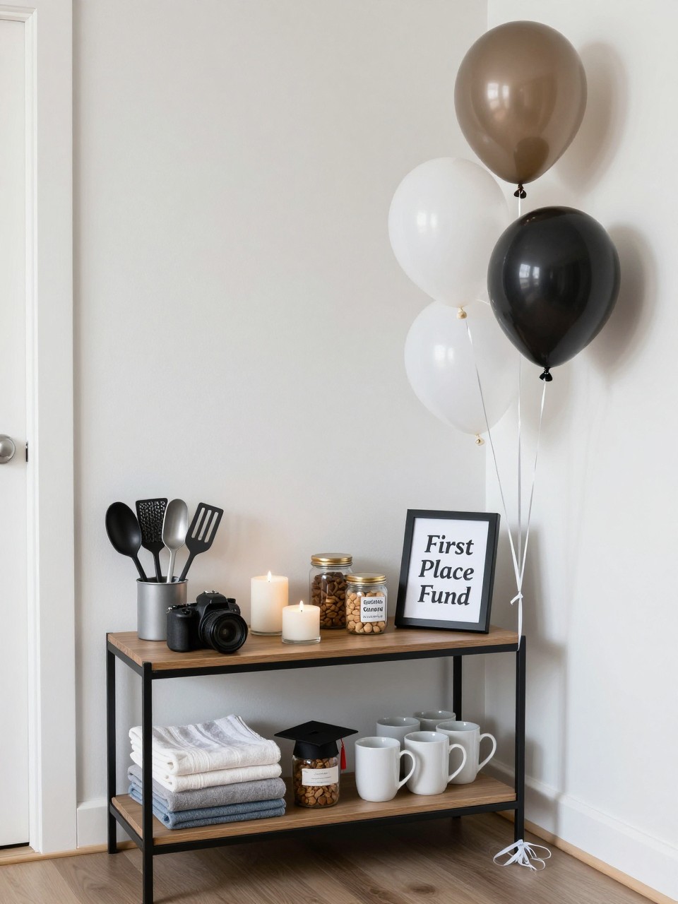 A realistic DSLR photo of a modern graduation party gift corner styled like a first apartment setup, with a small shelf holding kitchen tools, folded towels, candles, pantry jars, coffee mugs, a framed “First Place Fund” sign, neutral balloons, clean white wall, natural light, realistic home party styling, no people.