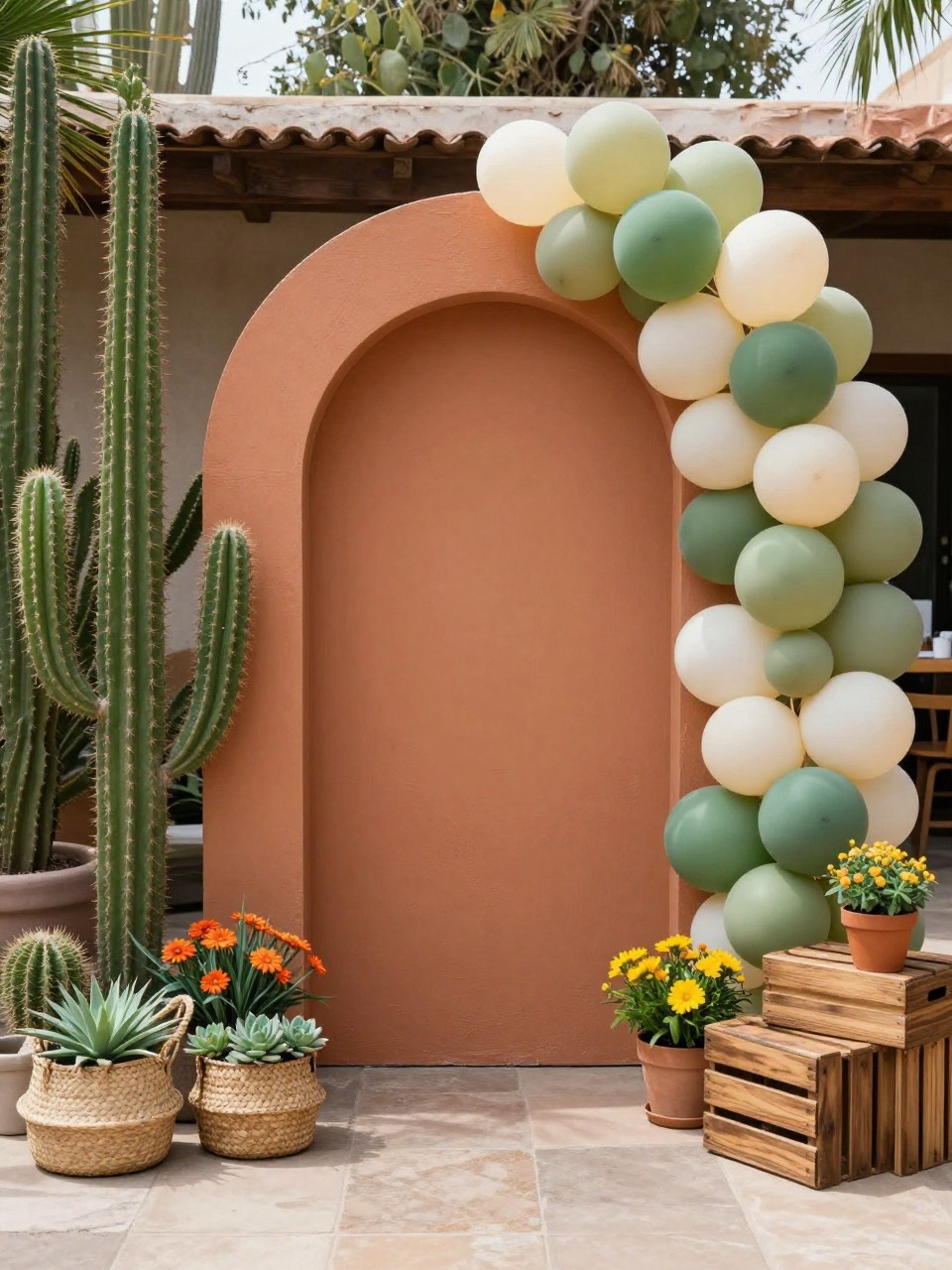 Image Prompt:
A single realistic editorial-style photo of a Mexican theme cactus garden backdrop with a warm terracotta arch panel, large cactus props on both sides, potted succulents, woven baskets, orange and yellow flowers, green and cream balloon clusters, rustic wooden crates, outdoor patio party setting, no people, no faces, bright natural sunlight, realistic event photography, no text, no watermark.