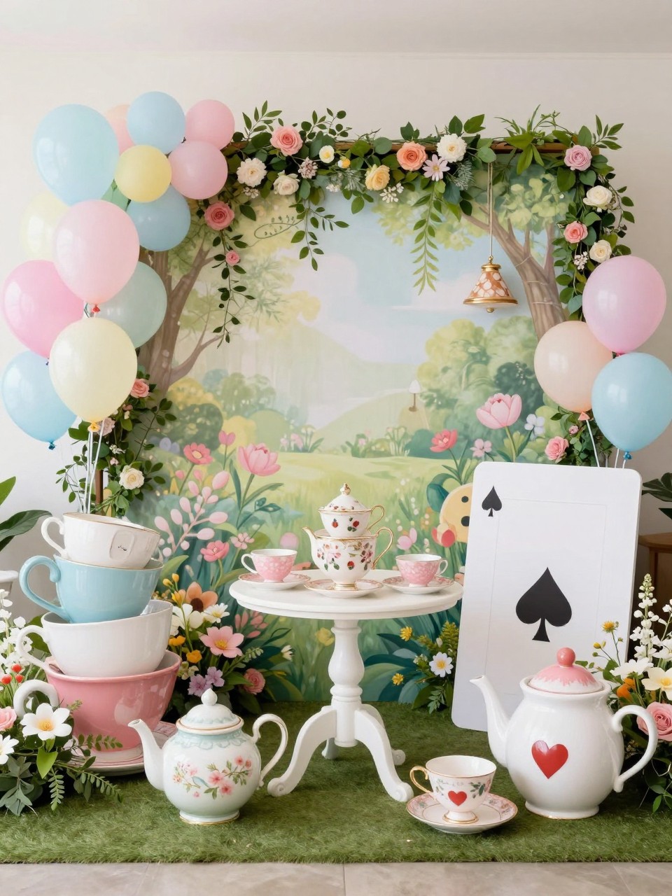 Image Prompt:
A single realistic photo of a whimsical tea party backdrop inspired by a magical garden tea scene, with mismatched teacups, stacked teapots, oversized playing card-style props with no readable text, pastel balloons, floral vines, a small round tea table, bright indoor or garden party setting, no people, no faces, realistic colorful event photography, no text, no watermark.
