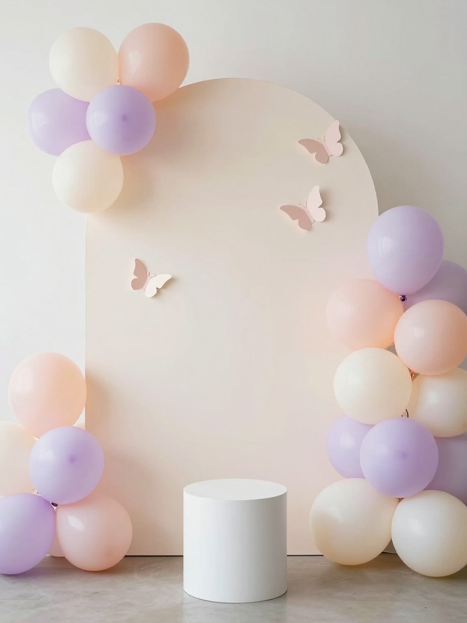 Image Prompt:
A single realistic photo of a soft farewell backdrop with a pale cream and blush panel, delicate butterfly cutouts arranged in a floating pattern, pastel balloon clusters in blush, lavender, ivory, and pale peach, a small white pedestal stand, airy indoor party setting, no people, no faces, soft daylight, realistic editorial party photo, no text, no watermark.