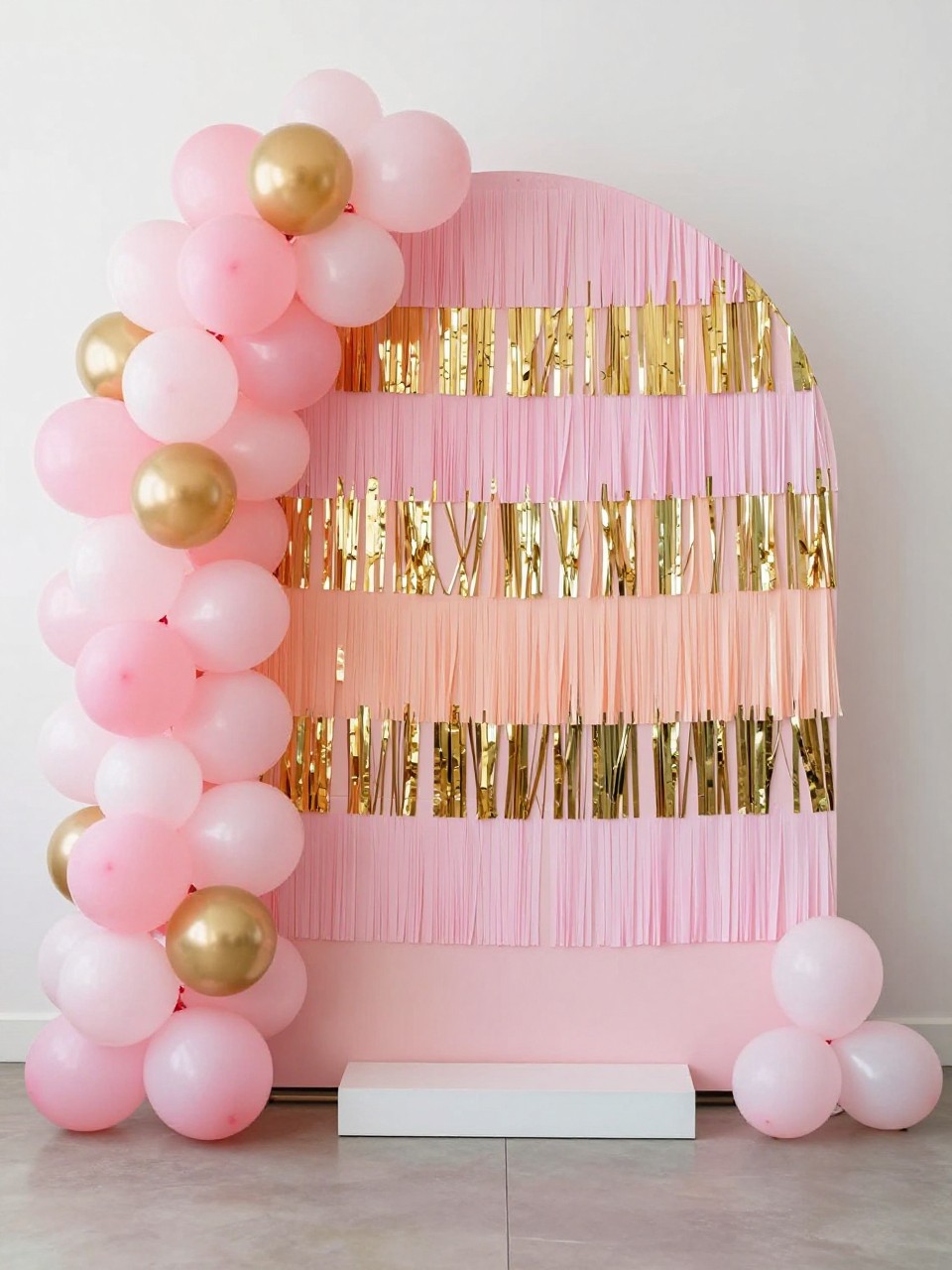Image Prompt:
A single realistic photo of a playful party backdrop with a large circular panel layered with soft pink, peach, and gold fringe details across part of the surface, matching balloon clusters on one side, a small pedestal stand, bright indoor celebration setting, no people, no faces, realistic party photography, no text, no watermark.