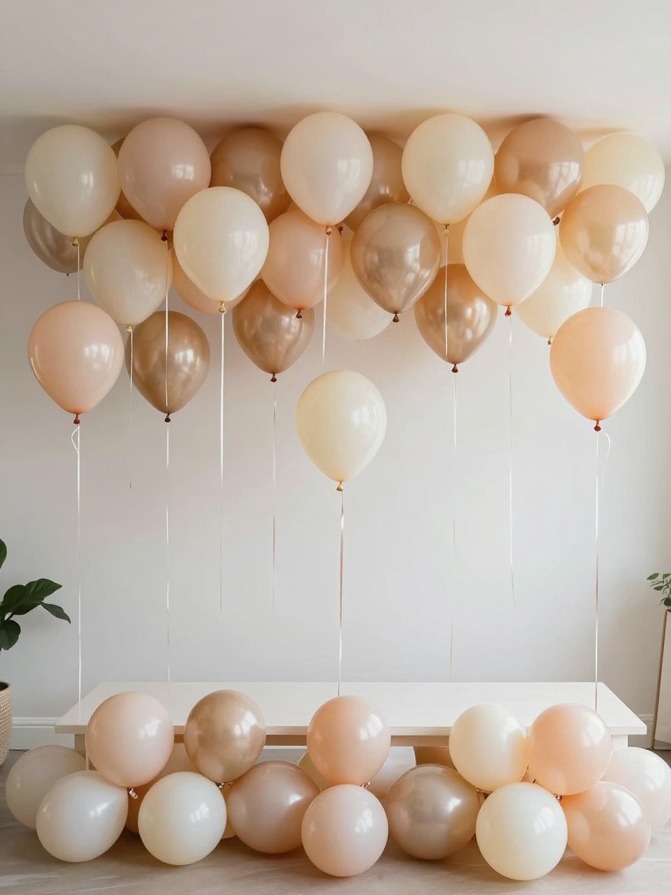 Image Prompt:
A single realistic photo of a creative balloon backdrop with balloons cascading from the ceiling down one wall, mixed balloon sizes in cream, blush, peach, and champagne, long satin ribbons hanging from select balloons, a clean dessert table beneath the cascade, modern indoor party space, no people, no faces, soft natural lighting, realistic party photography, no text, no watermark.