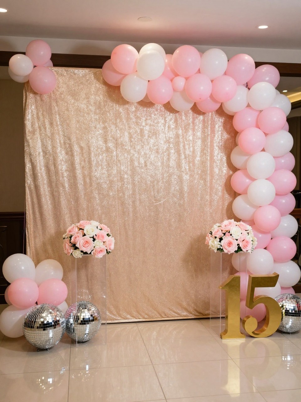 Image Prompt:
A single realistic photo of a glamorous quinceañera backdrop with a champagne shimmer wall, blush pink and white balloon garland, small disco balls at the base, clear acrylic plinths, soft floral clusters, a gold number fifteen prop, polished indoor party venue, no people, no faces, warm party lighting, realistic glossy event photography, no text, no watermark.