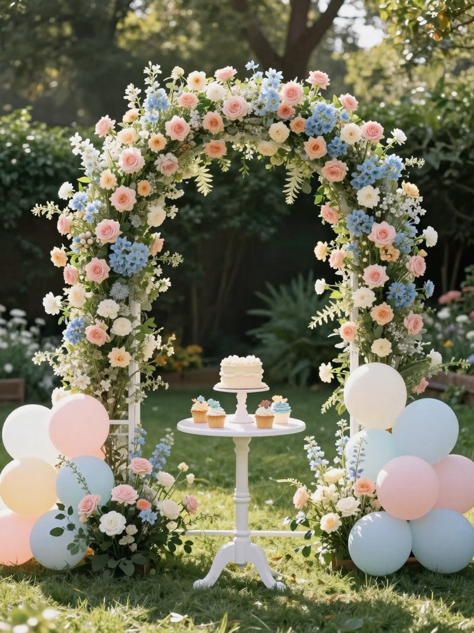 Image Prompt:
A single realistic photo of an outdoor garden gender reveal backdrop with a white arched frame covered in fresh-looking blush pink, soft blue, ivory, and pale yellow flowers, light greenery woven through the frame, pastel balloon clusters on the lower corners, a small white dessert table with cupcakes and a reveal cake, grass lawn setting, soft afternoon sunlight, no people, no faces, natural garden party styling, realistic DSLR photo, no text, no watermark.