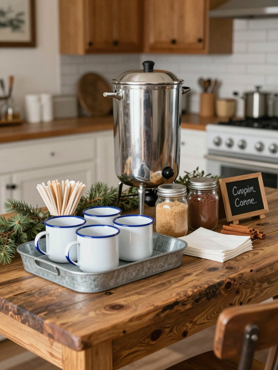 A realistic DSLR photo of a rustic farmhouse party coffee bar on a reclaimed wood table, large coffee urn, enamel mugs, mason jars filled with sugar, cocoa, and cinnamon, galvanized tray with stirrers and napkins, small chalkboard label, simple greenery garland, warm kitchen background, cozy realistic family gathering styling, no people.