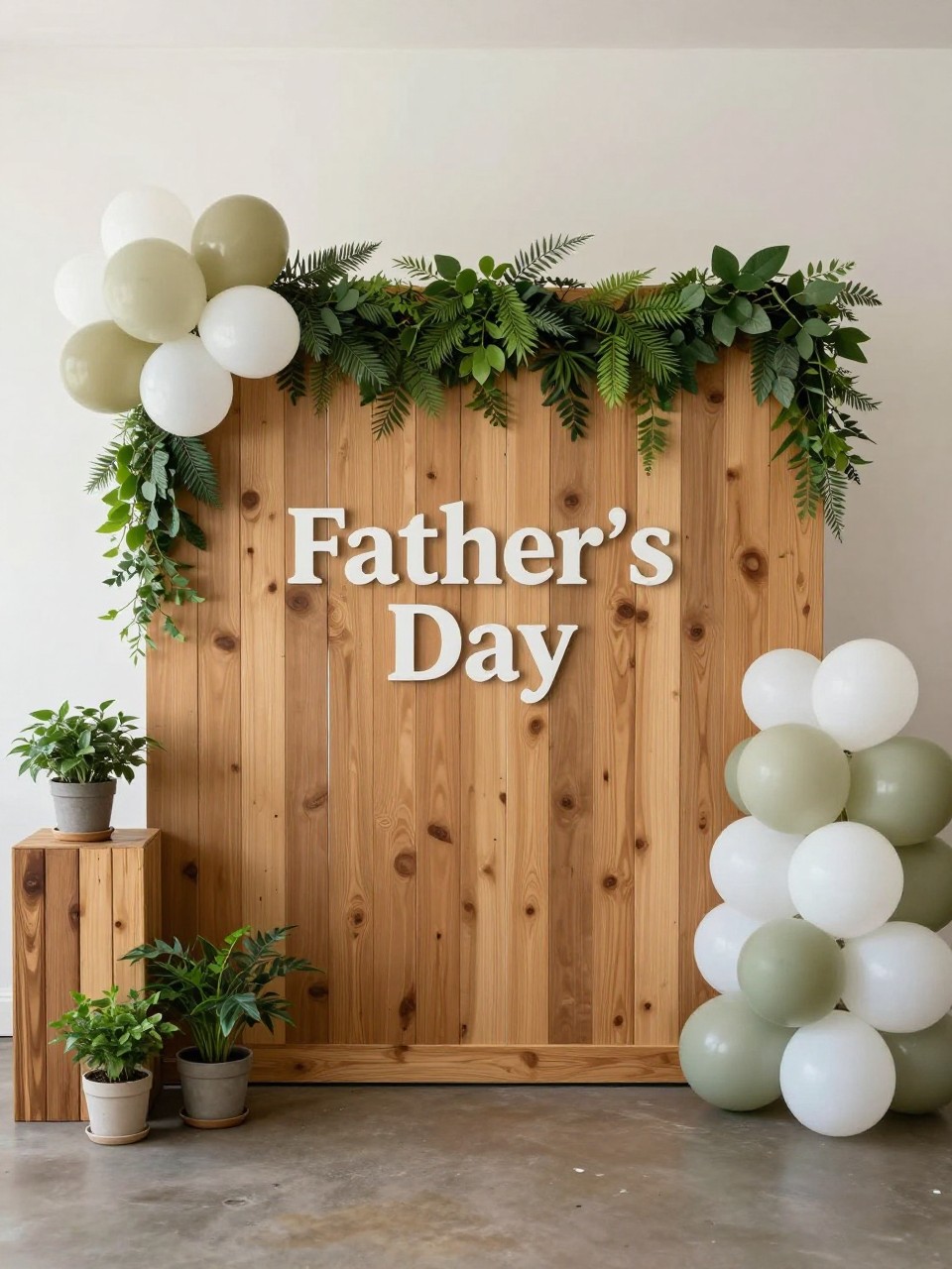 Image Prompt:
A single realistic photo of a fresh Father’s Day backdrop with a wooden panel wall, lush greenery garland, white and sage balloon clusters, small potted plants, wooden plinths, warm indoor event space, no people, no faces, bright natural lighting, realistic editorial party photography, no text, no watermark.