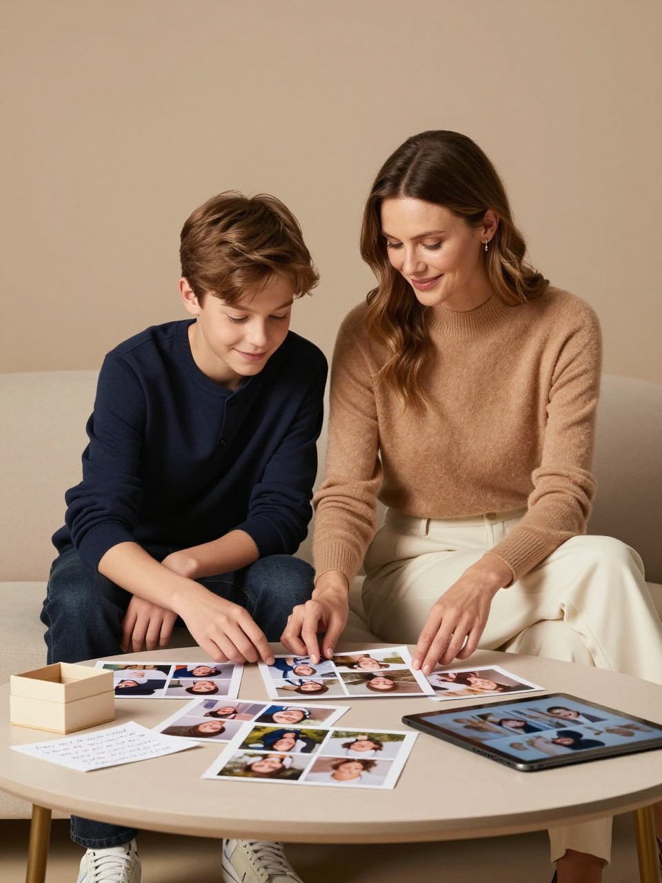 Image Prompt:
A realistic modern studio mother and son photoshoot featuring a white mother and her teenage son seated at a low table with printed family photos, a small memory box, handwritten notes, and a tablet showing a blurred photo gallery. The mother wears a soft camel sweater and cream trousers, while the son wears a navy overshirt and dark jeans. They look through the printed photos together with relaxed smiles. The backdrop is warm taupe, with soft studio lighting, clean editorial styling, realistic props, vertical image.