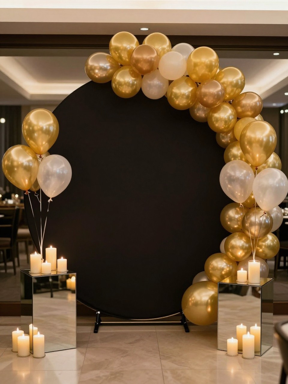 Image Prompt:
A single realistic photo of a glamorous circle backdrop with a black circular panel, metallic gold and champagne balloons, mirrored plinths, candle clusters, a polished indoor evening event setting, no people, no faces, warm flattering lighting, realistic luxury party photography, no text, no watermark.