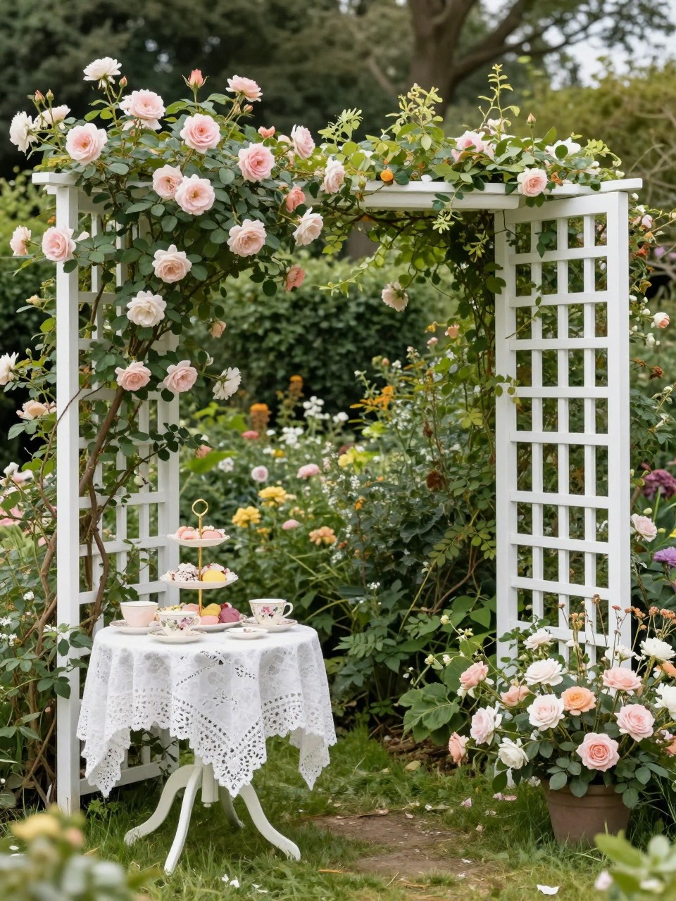 Image Prompt:
A single realistic editorial-style photo of an English garden tea party backdrop with climbing roses, green ivy, white trellis panels, pastel floral arrangements, a small round table with a lace tablecloth, floral teacups, tiered cake stand, outdoor garden venue, no people, no faces, soft natural sunlight, realistic elegant event photography, no text, no watermark.