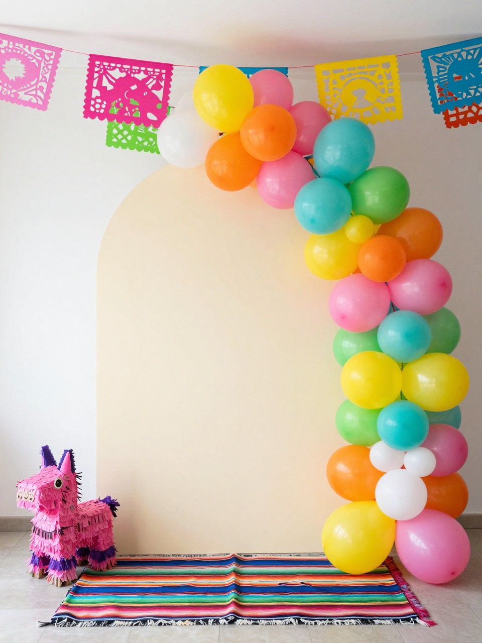 Image Prompt:
A single realistic photo of a Mexican fiesta party backdrop with a large cream arched panel, organic balloon garland in pink, orange, yellow, turquoise, green, and white, papel picado banners hanging above, small piñata props, colorful woven blanket at the base, bright indoor celebration room, no people, no faces, realistic cheerful party photography, no text, no watermark.
