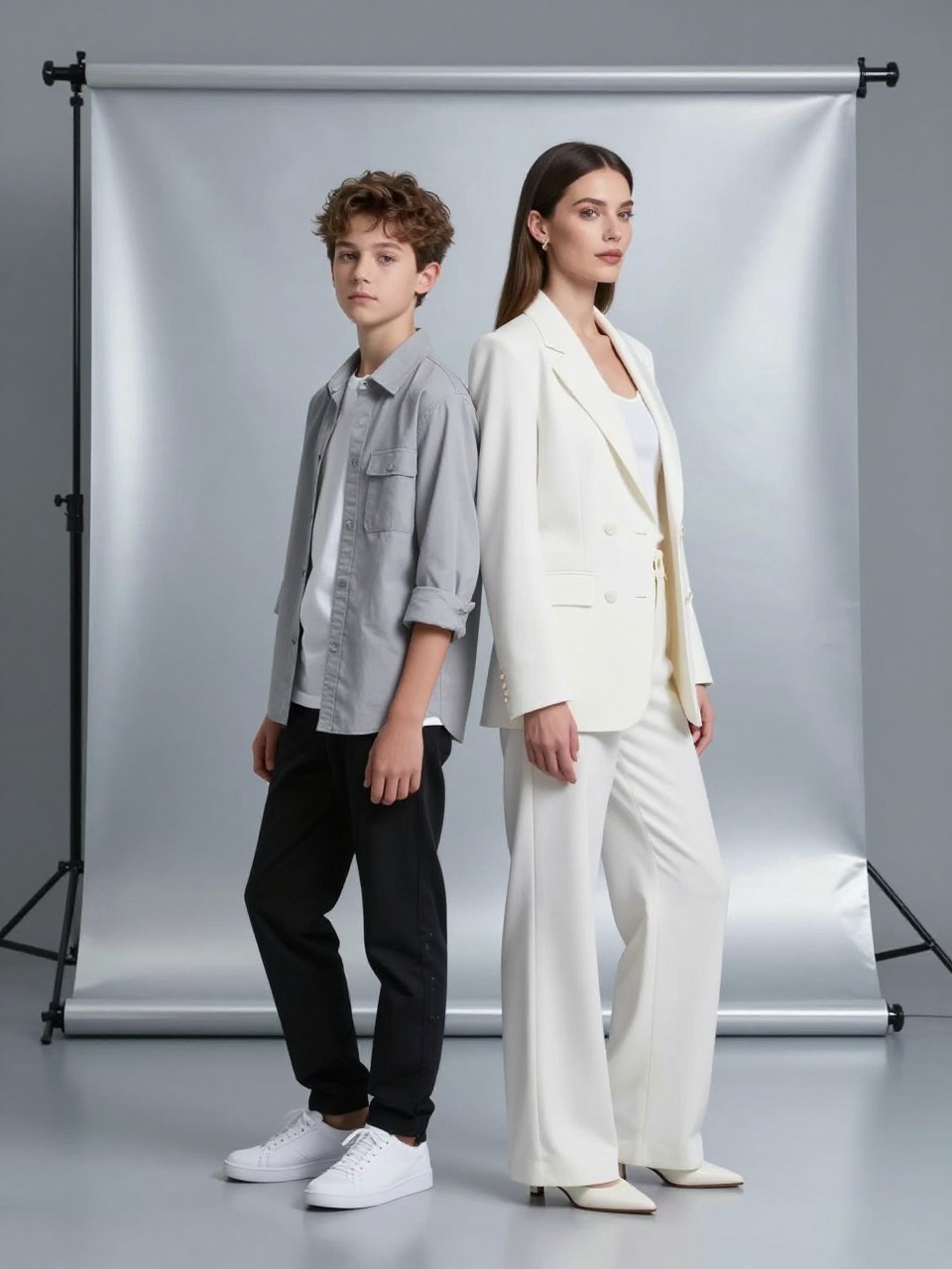 Image Prompt:
A realistic futuristic studio mother and son photoshoot featuring a white mother and her teenage son standing in front of a soft silver-gray backdrop with subtle reflective panels and gentle cool-toned studio lighting. The mother wears a structured white blazer with wide-leg trousers, and the son wears a clean gray overshirt, white T-shirt, and black trousers. They stand back to back with relaxed confidence, both facing slightly different directions. Minimal modern set, no harsh neon, clean reflective details, editorial family portrait, vertical image.