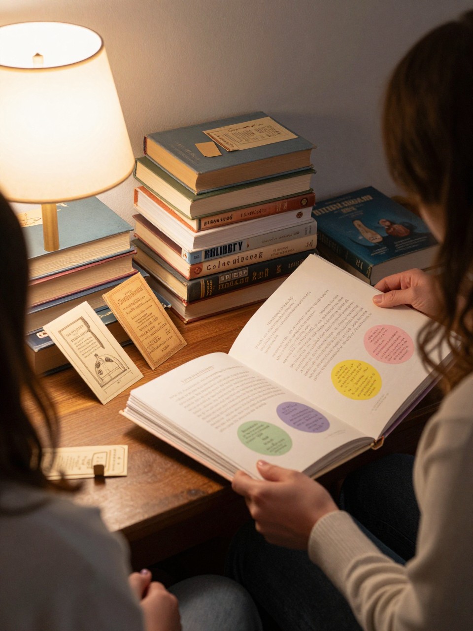 A realistic editorial photo of a cozy literary gender reveal party, stacked books, soft lamp light, custom baby storybook, bookmarks, vintage library cards, parents opening a large book to a page with the reveal color, intimate reading nook setup, warm DSLR photography