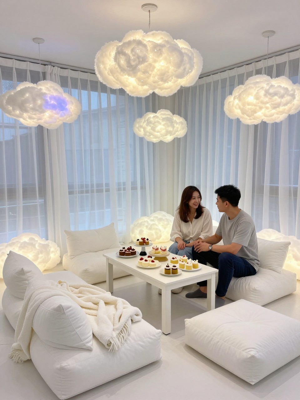 A realistic editorial photo of a gender reveal party styled as a cozy cloud lounge, white floor cushions, soft blankets, cloud pillows, low table with desserts, sheer curtains, parents sitting together as hidden cloud lights glow in one reveal color, bright dreamy indoor setting, vertical photography