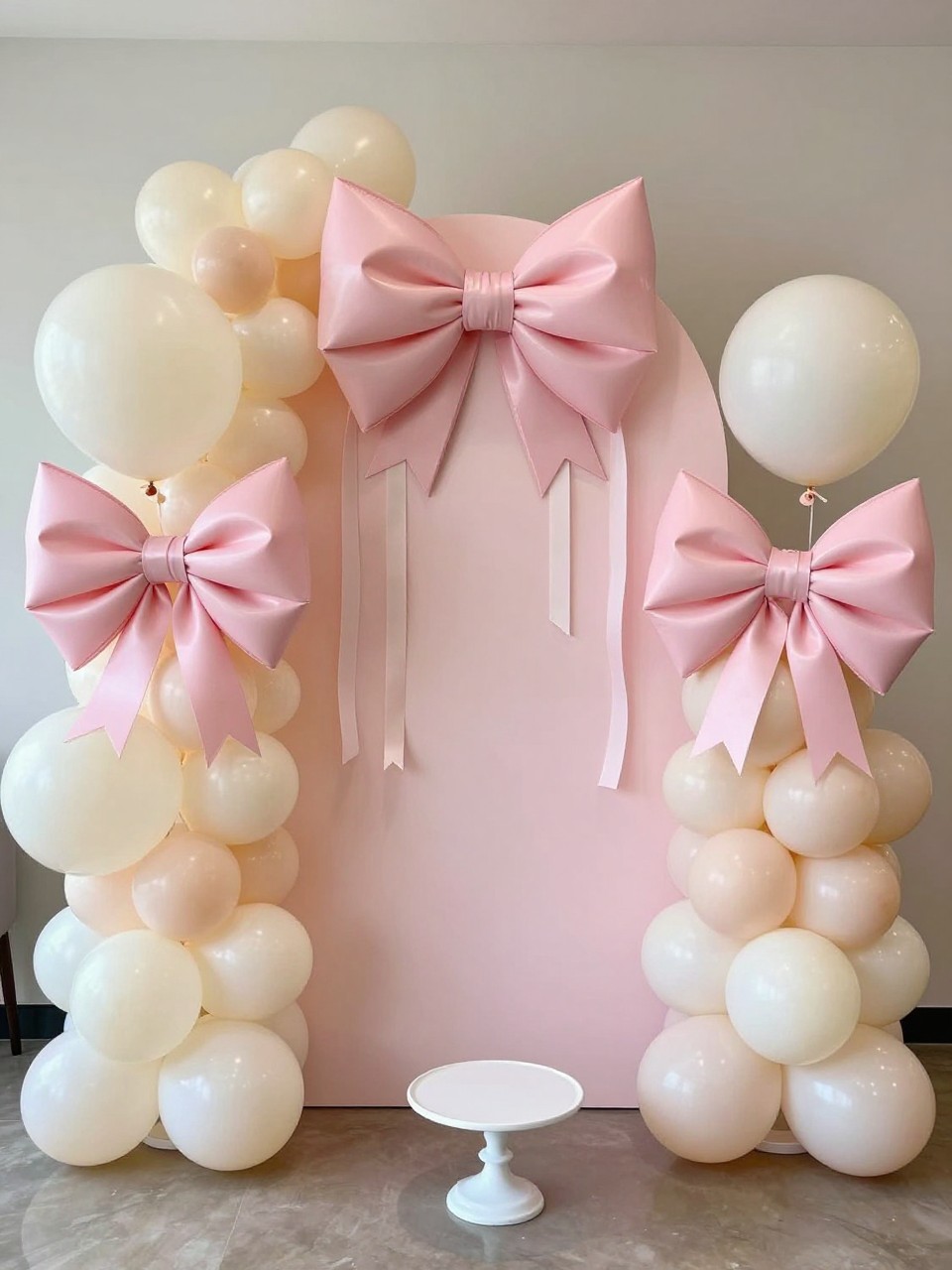 Image Prompt:
A single realistic photo of a cute balloon backdrop with cream and blush balloons arranged around a soft pink arched panel, oversized satin bows tied onto several balloons, ribbon streamers hanging neatly from the panel, a small white cake stand in front, polished indoor party setting, no people, no faces, bright soft lighting, realistic editorial party photography, no text, no watermark.