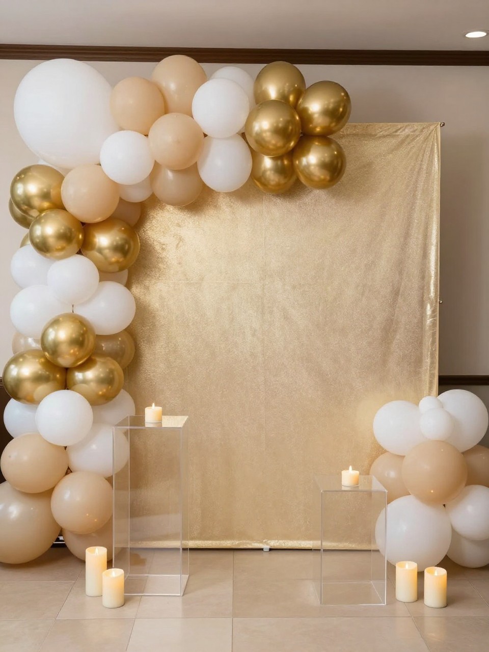 Image Prompt:
A single realistic photo of a stylish farewell party backdrop with a champagne gold shimmer wall, layered balloon clusters in white, beige, and metallic gold, a few acrylic pedestal stands, a neat floor arrangement of candles, elegant indoor celebration styling, no people, no faces, warm flattering party lighting, realistic editorial event photo, no text, no watermark.