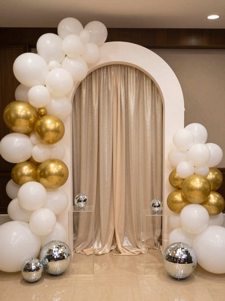 Image Prompt:
A single realistic photo of a glamorous arch backdrop with a champagne shimmer curtain shaped around a tall arch frame, pearl white and gold balloon clusters on both sides, small disco balls at the base, clear acrylic plinths, warm indoor party lighting, stylish evening celebration setup, no people, no faces, realistic luxury event photography, no text, no watermark.