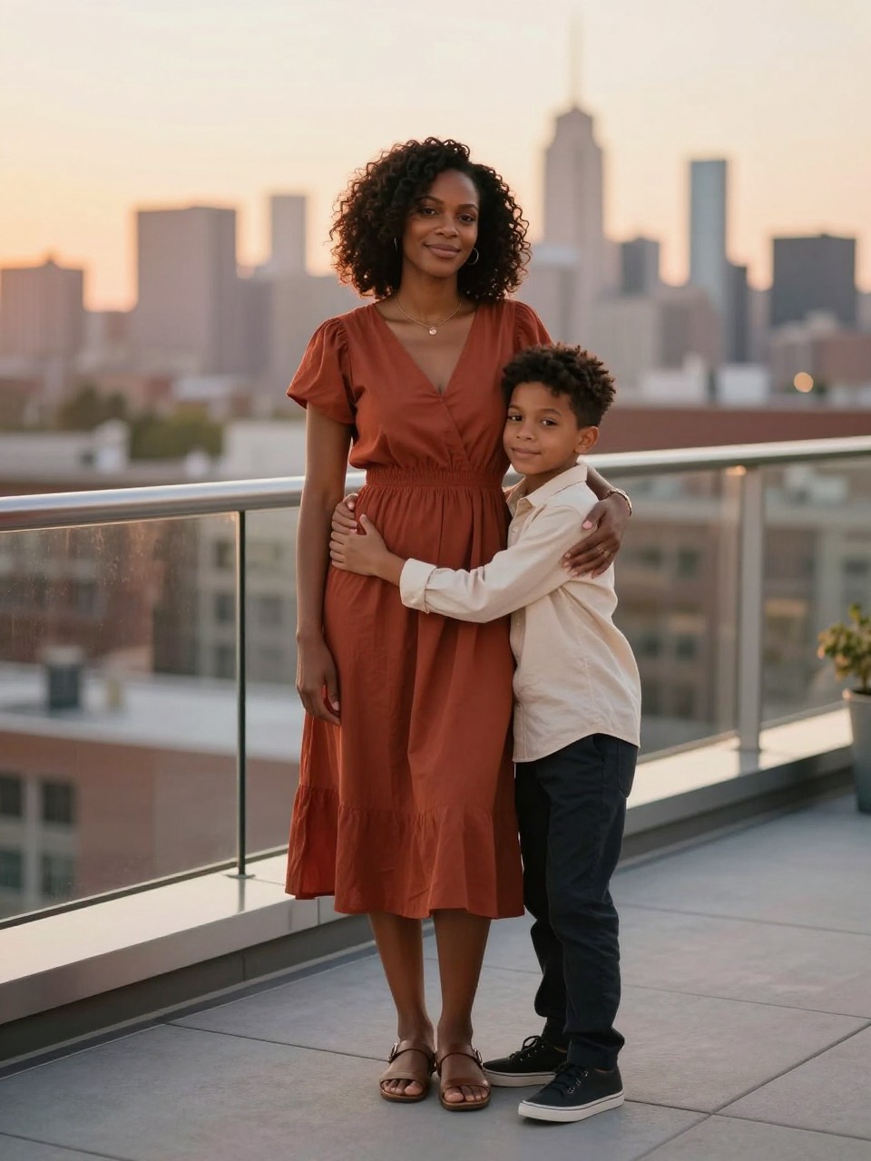 Image Prompt:
A realistic rooftop mother and son photoshoot at sunset, featuring a Black mother wearing a rust-colored midi dress and flat sandals, standing with her young son in a cream shirt and dark trousers. They are near a safe rooftop terrace railing with the city skyline softly blurred behind them. The mother wraps one arm around her son’s shoulders while he hugs her waist, both smiling softly. Warm sunset light, clean modern terrace, cinematic family portrait, realistic skin tones, vertical image.