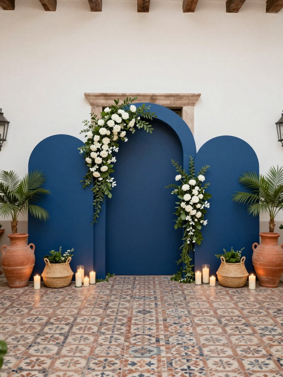 Image Prompt:
A single realistic editorial photo of a Mexican hacienda-inspired party backdrop with deep blue arched panels, white floral accents, terracotta pots, patterned tile floor detail, greenery, woven baskets, warm candle-style decor, elegant indoor courtyard-style venue, no people, no faces, soft natural lighting, realistic upscale event photography, no text, no watermark.
