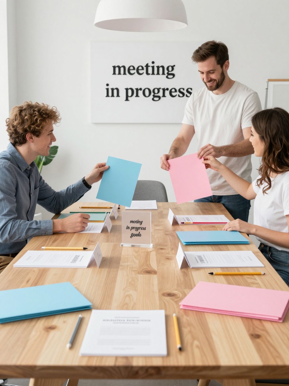 A realistic editorial photo of a playful modern gender reveal party styled like a stylish baby name boardroom, long table, name cards, folders, pencils, acrylic sign reading “meeting in progress,” parents turning over a final folder with reveal color inside, chic office-inspired decor, bright modern photography