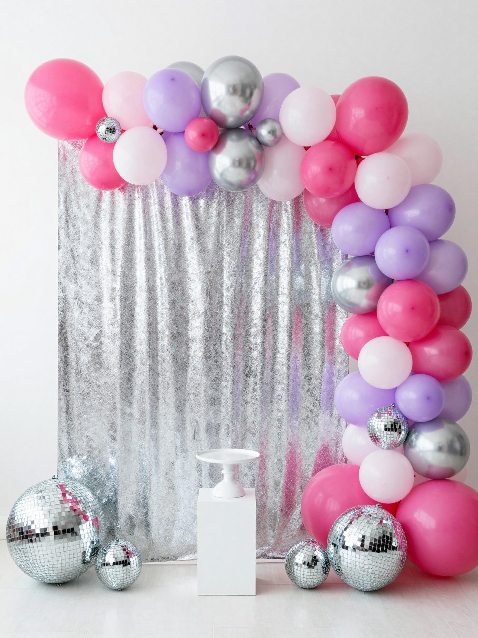 Image Prompt:
A single realistic photo of a trendy party backdrop with a silver shimmer wall, balloon garland in hot pink, lavender, silver, and white, small disco balls tucked into the balloon clusters, larger disco balls placed at the base, a white pedestal cake stand, bright playful indoor party lighting, no people, no faces, realistic event photo, no text, no watermark.