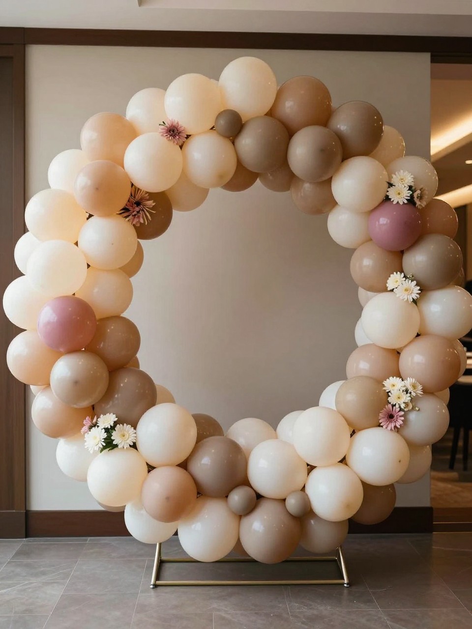 Image Prompt:
A single realistic editorial-style photo of a sculptural balloon ring backdrop with a large circular metal frame covered halfway in organic balloons, colors in ivory, champagne, dusty rose, and soft brown, floral accents tucked into the ring, clear plinths at the base, elegant indoor venue, no people, no faces, warm natural lighting, realistic event photography, no text, no watermark.