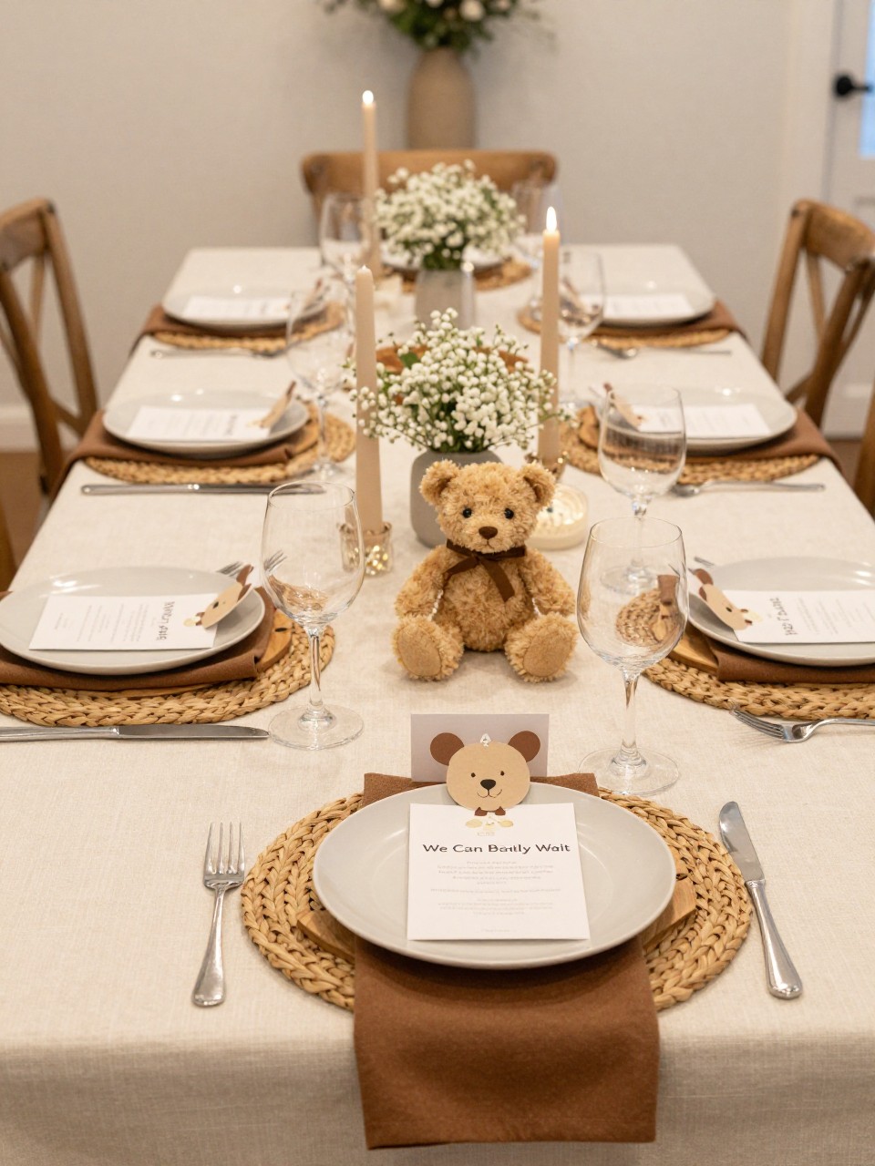 Image Prompt:
A realistic single-image “We Can Bearly Wait” baby shower tablescape, long table with cream linen, brown cloth napkins, small teddy bear figurines, beige taper candles, wooden chargers, white plates, tiny bear ear place cards, soft baby’s breath arrangements, woven placemats, warm indoor party room, no people, no faces, editorial tablescape photography, natural light, realistic textures, no watermarks on images