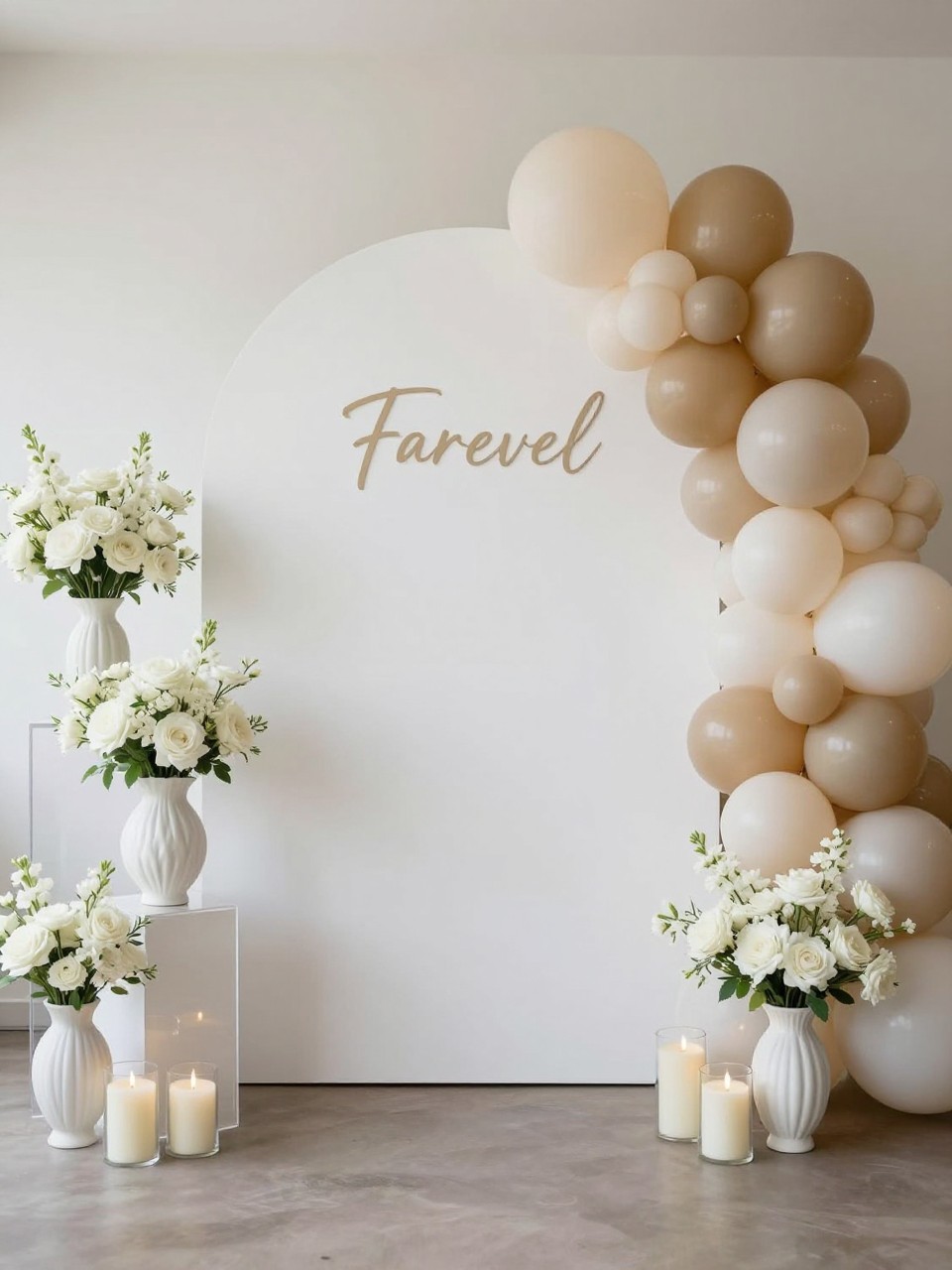 Image Prompt:
A single realistic editorial-style photo of a minimalist farewell backdrop with one large matte white arch panel, soft ivory and champagne balloon accents, a few white floral arrangements in sculptural vases, clear plinths, candle clusters, bright indoor event space, no people, no faces, clean natural lighting, realistic upscale event photography, no text, no watermark.