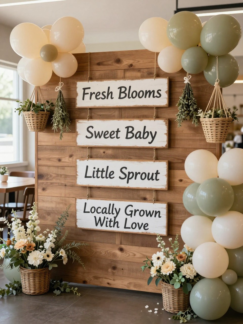 Image Prompt:
A realistic single-image baby shower backdrop with a handmade wooden sign wall styled like a local market board, signs reading “Fresh Blooms,” “Sweet Baby,” “Little Sprout,” and “Locally Grown With Love,” surrounded by hanging baskets, dried herbs, soft balloon clusters in cream and sage, fresh flowers at the base, indoor party venue with warm daylight, no people, no faces, editorial decor photography, realistic wood and fabric textures, no watermarks on images