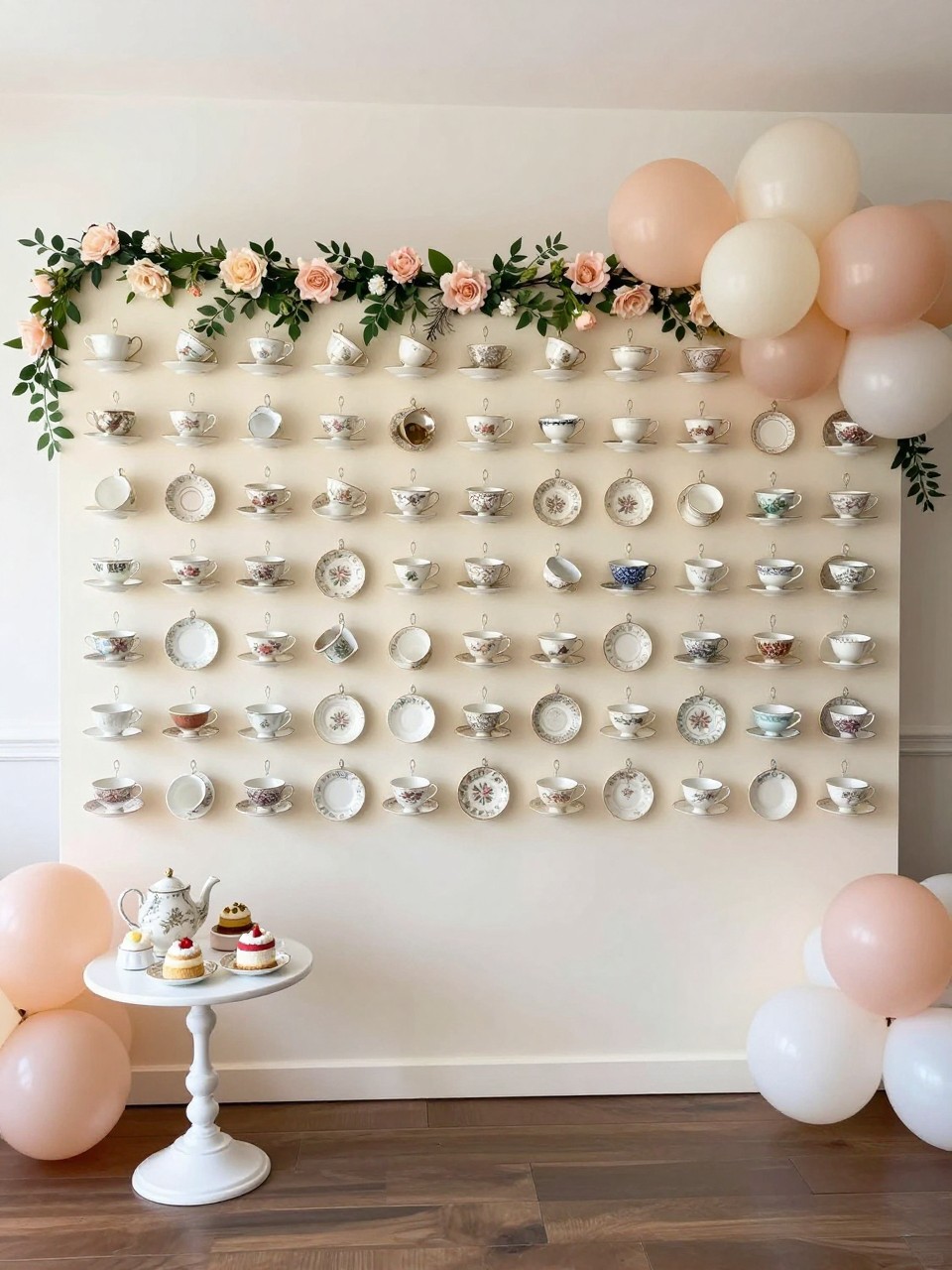 Image Prompt:
A single realistic photo of a creative tea party backdrop with a cream wall decorated with hanging vintage teacups and saucers arranged in neat rows, soft floral garland along the top, blush and ivory balloon accents, small white pedestal table with a teapot and mini cakes, indoor party setting, no people, no faces, bright natural lighting, realistic event photography, no text, no watermark.