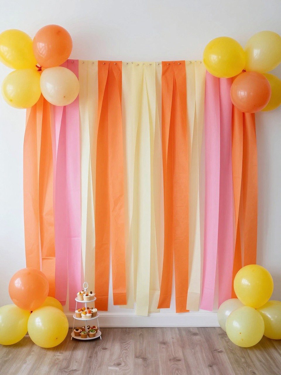 Image Prompt:
A single realistic photo of a cheerful balloon backdrop with long vertical streamers in coral, pink, orange, cream, and yellow, balloon clusters across the top edge and both corners, layered paper textures, small dessert stand in front, bright indoor party room, no people, no faces, realistic phone photography style, no text, no watermark.