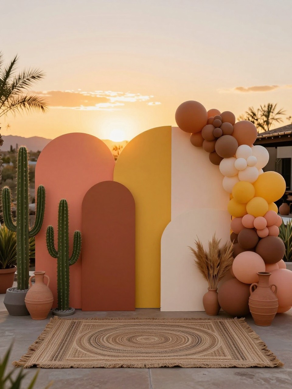 Image Prompt:
A single realistic editorial-style photo of a Mexican desert sunset party backdrop with layered panels in coral, terracotta, mustard yellow, peach, and cream, cactus props, dried grasses, woven rug, warm balloon clusters, clay vases, outdoor patio or indoor event setting, no people, no faces, golden hour lighting, realistic party photography, no text, no watermark.