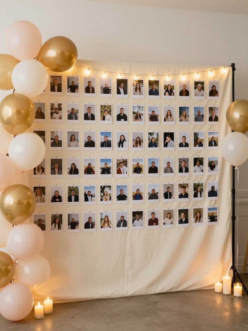 Image Prompt:
A single realistic photo of a farewell party backdrop made with a soft cream fabric wall covered in neatly clipped printed photo cards, warm string lights running behind the photos, soft balloon clusters in blush, ivory, and gold on one side, small candles on the floor, a cozy indoor event setting, no people, no faces, realistic lifestyle party photography, no readable text, no watermark.