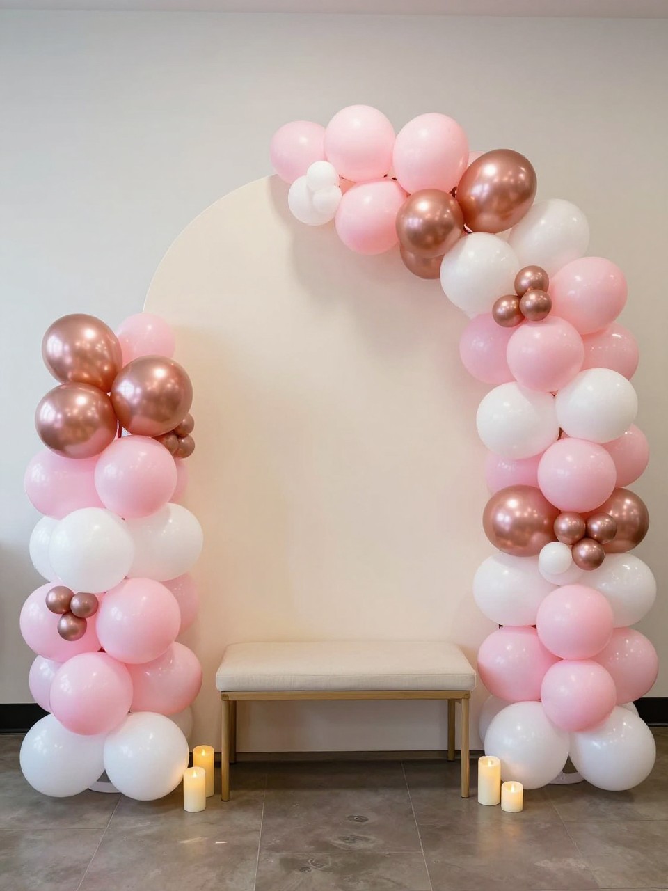Image Prompt:
A single realistic photo of a compact balloon photo booth corner with a half-circle cream backdrop panel, balloon clusters in pink, white, and rose gold wrapping around one side, a small bench in front with soft cushions, floor candles, simple floral accents, clean indoor party setting, no people, no faces, bright soft lighting, realistic lifestyle event photography, no text, no watermark.