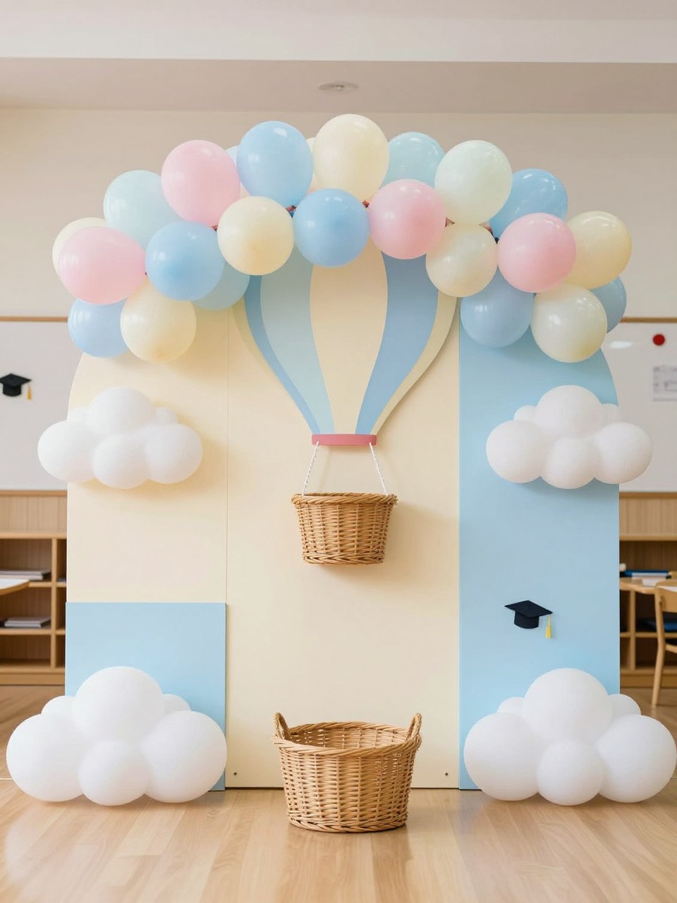 Image Prompt:
A single realistic editorial-style photo of a preschool graduation backdrop with a cute hot air balloon theme, pastel balloon garland forming a balloon shape above a small wicker basket prop, cream and sky-blue panels, fluffy cloud props, tiny graduation cap decorations, bright indoor school event setting, no people, no faces, realistic party photography, no text, no watermark.