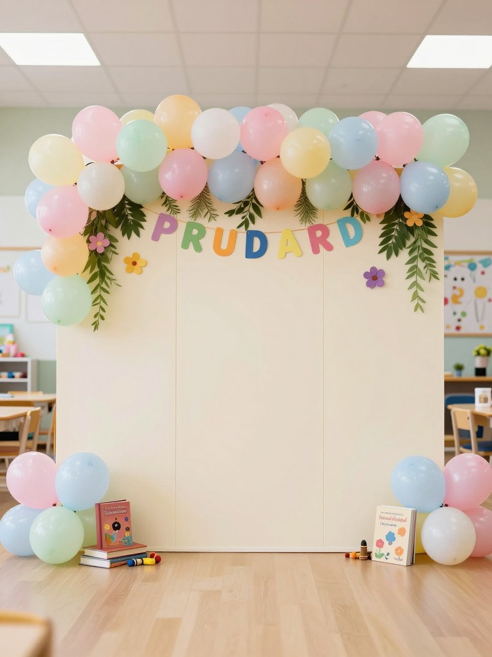 Image Prompt:
A single realistic photo of a preschool graduation backdrop with a cream panel wall, colorful alphabet letters mixed with soft greenery and paper flowers, pastel balloon garland, small books and crayons at the base, bright school event room, no people, no faces, realistic cheerful event photography, no readable text, no watermark.