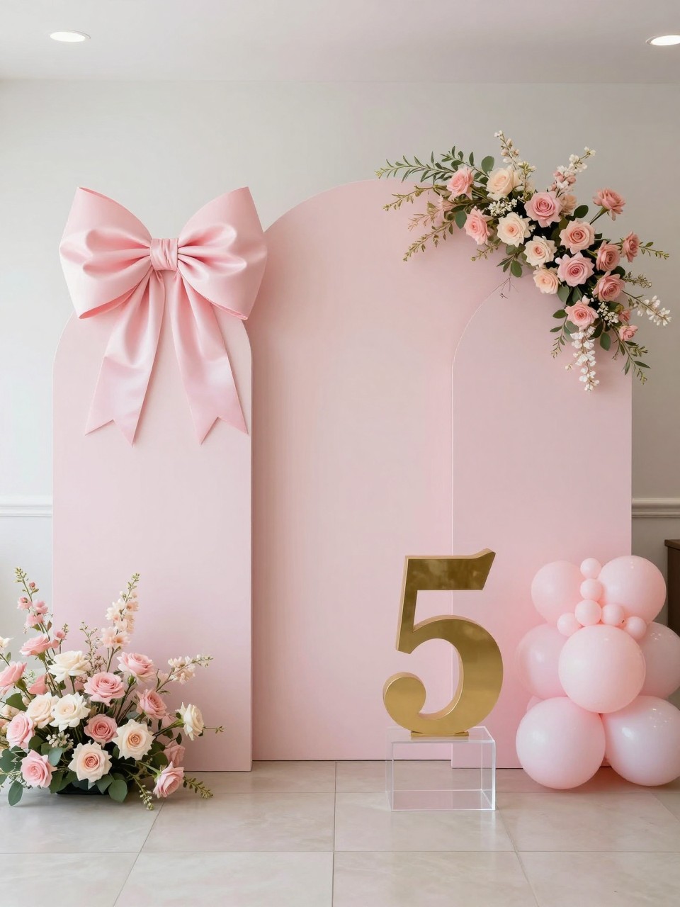 Image Prompt:
A single realistic photo of a pretty quinceañera backdrop with blush pink curved panels, oversized satin bows, pearl balloon accents, soft pink and ivory flowers, clear plinths, gold number fifteen prop, bright indoor party setting, no people, no faces, soft natural lighting, realistic editorial event photography, no text, no watermark.