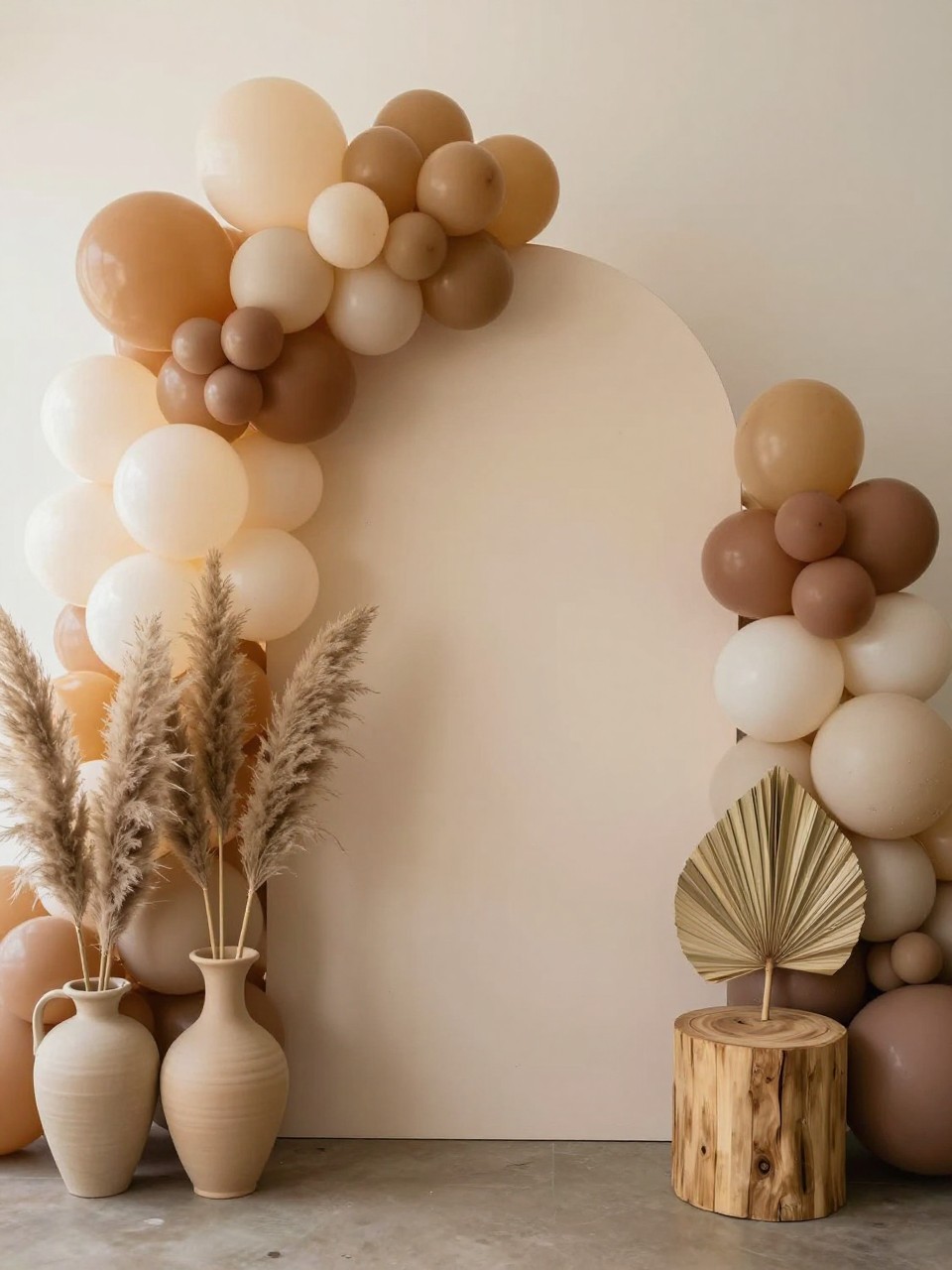 Image Prompt:
A single realistic editorial photo of a boho balloon backdrop with warm neutral balloons in beige, ivory, terracotta, and caramel, arranged around a cream arch panel, tall pampas grass stems in ceramic floor vases, dried palm leaves, low wooden plinths, soft indoor party setting, no people, no faces, warm daylight, realistic event styling, no text, no watermark.