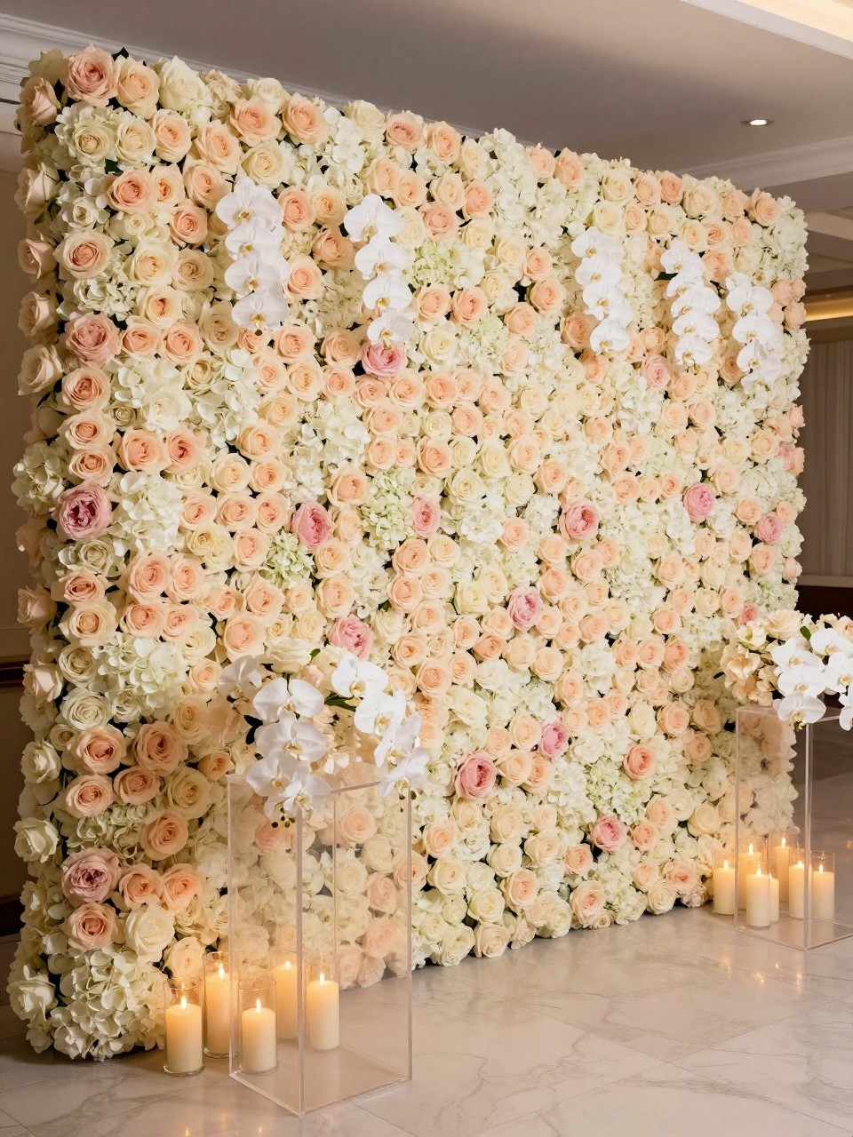 Image Prompt:
A single realistic photo of a luxurious quinceañera backdrop with a full wall of blush roses, ivory hydrangeas, pale pink peonies, and white orchids, clear acrylic plinths in front, warm candle clusters at the base, polished indoor ballroom venue, no people, no faces, soft diffused lighting, realistic luxury event photography, no text, no watermark.