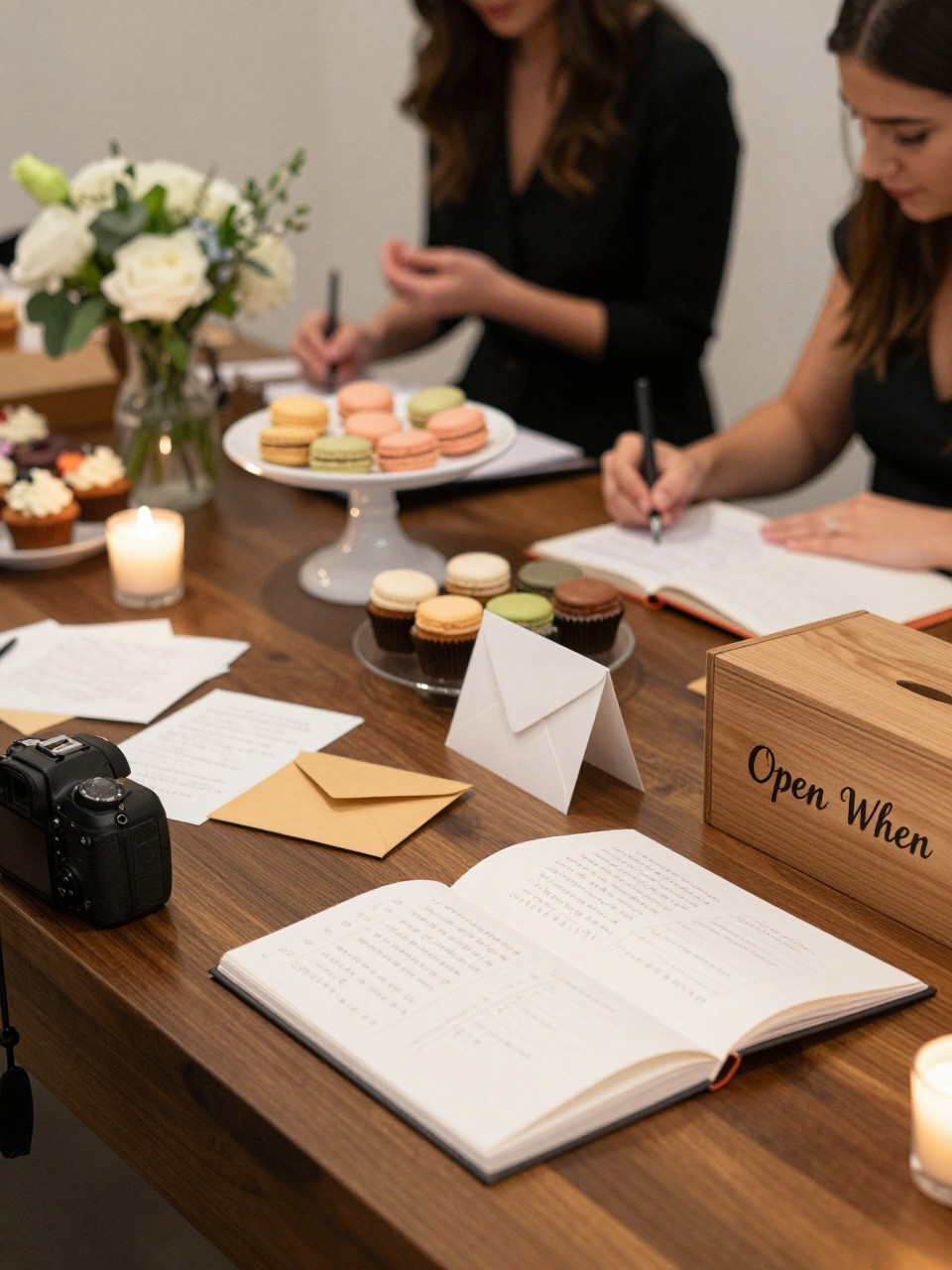 A realistic DSLR photo of a graduation party dessert table styled as an open letter library, with small envelopes, handwritten cards, cake stands, macarons, cupcakes, candles, florals, and a wooden box labeled “Open When,” two guests blurred in the background writing notes with their faces not visible, soft warm lighting, emotional modern party styling.