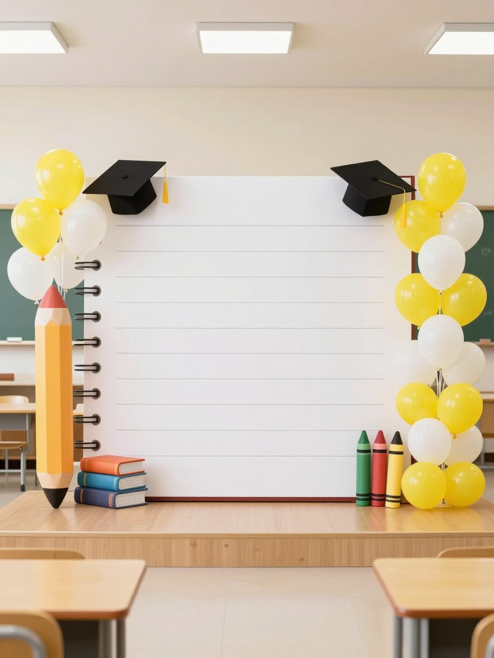 Image Prompt:
A single realistic photo of a preschool graduation backdrop with oversized pencil props, notebook-inspired panels with no readable text, yellow and white balloon clusters, small graduation caps, books, crayons, and a low wooden desk, bright classroom event setting, no people, no faces, realistic school celebration photography, no text, no watermark.