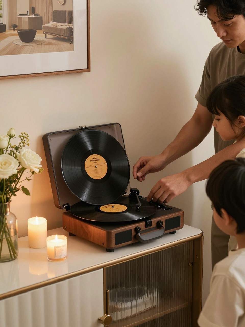 A realistic editorial photo of an intimate music-inspired gender reveal, record player on a stylish console table, candles, flowers, vinyl sleeve with custom label, parents lowering the needle while close family watches, cozy retro-modern decor, warm ambient lighting, DSLR photography