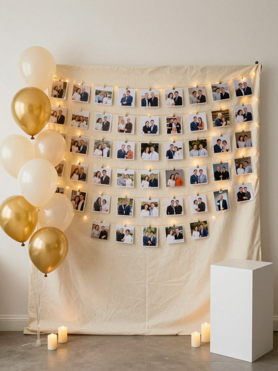 Image Prompt:
A single realistic photo of a meaningful 60th birthday photo memory wall backdrop with a cream fabric wall, printed family photo cards clipped neatly onto warm string lights, soft gold and ivory balloons on one side, small candles on the floor, a simple white cake pedestal, cozy indoor party setting, no people, no faces, realistic lifestyle event photography, no readable text, no watermark.