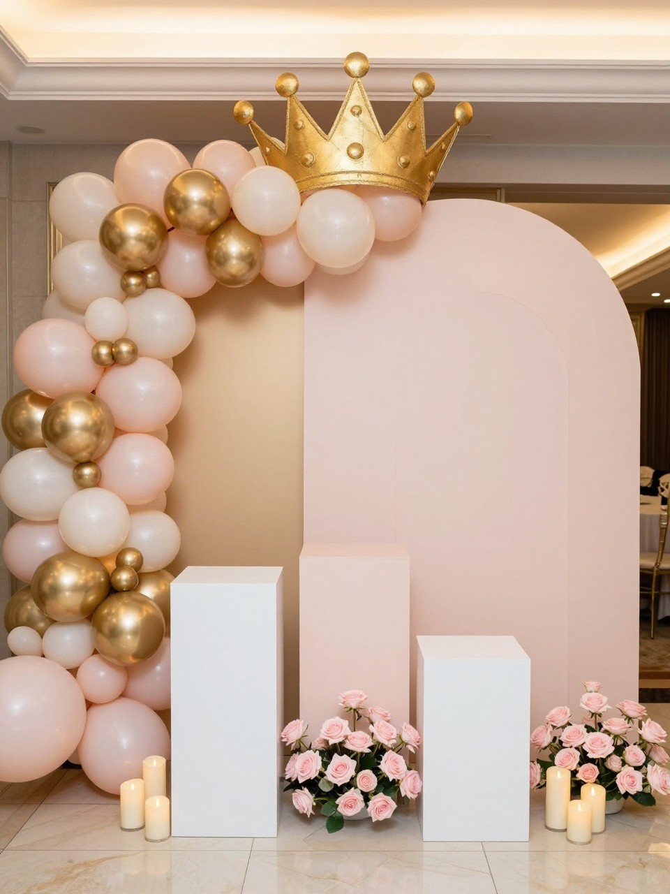 Image Prompt:
A single realistic editorial-style photo of a quinceañera party backdrop with layered blush pink and champagne gold curved panels, organic balloon garland in blush, ivory, and metallic gold, large gold crown prop at the top, white plinths, soft pink roses at the base, candle clusters, elegant indoor ballroom setting, no people, no faces, warm flattering lighting, realistic luxury event photography, no text, no watermark.