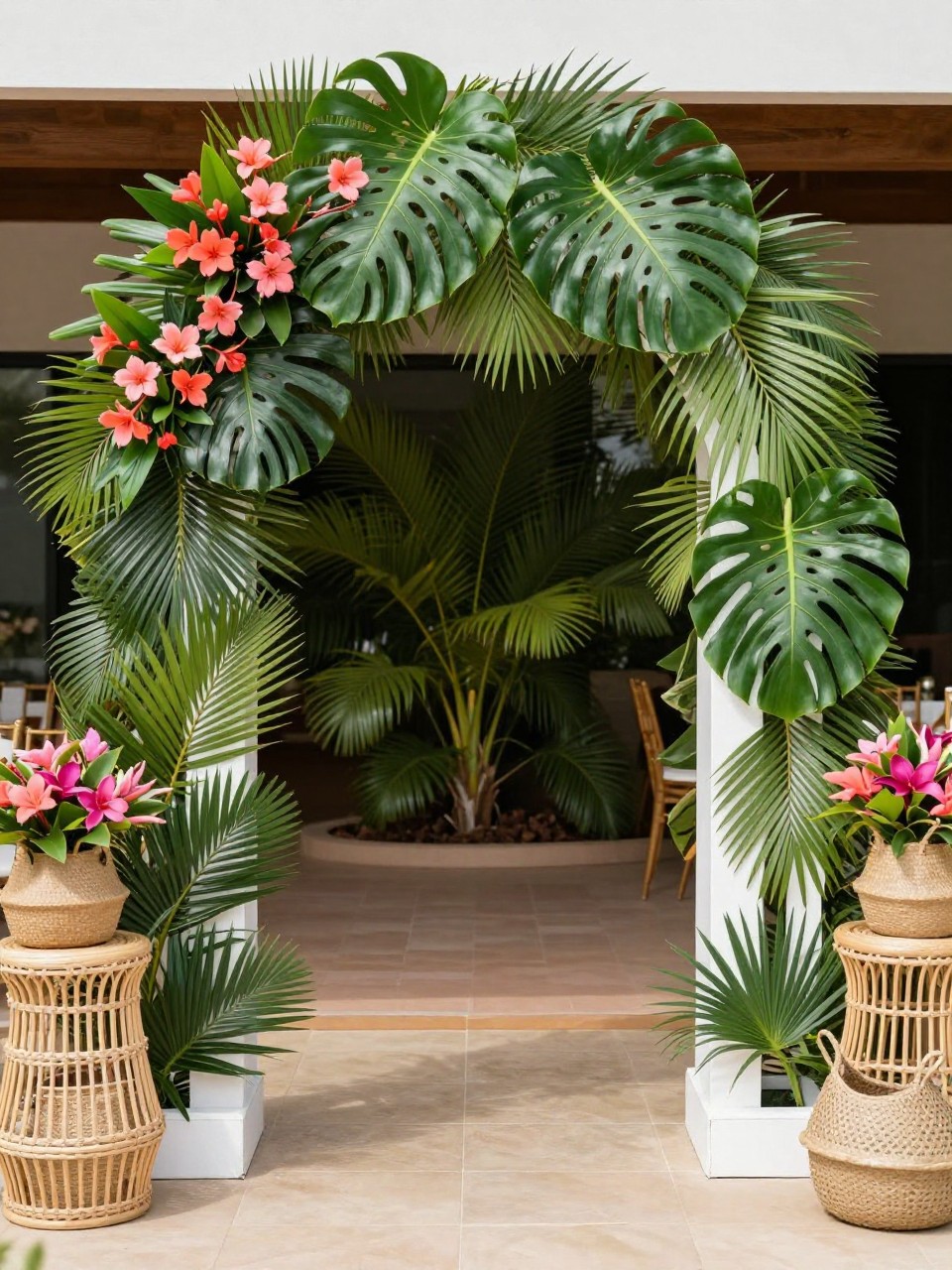 Image Prompt:
A single realistic photo of a tropical arch backdrop with a white arch frame covered partly in large monstera leaves, palm leaves, bright coral and pink flowers, rattan plinths, woven baskets, warm outdoor patio setting, no people, no faces, bright natural sunlight, realistic summer event photography, no text, no watermark.