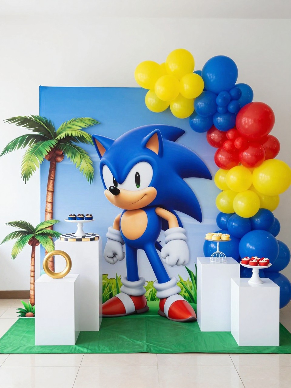 Image Prompt:
A single realistic editorial-style photo of a full Sonic-inspired adventure party backdrop with layered blue sky panels, green grass base, checkered platform details, palm tree props, gold ring accents, royal blue, yellow, red, and white balloon garland, white dessert plinths, bright indoor birthday party setup, no people, no faces, realistic colorful party photography, no text, no watermark.